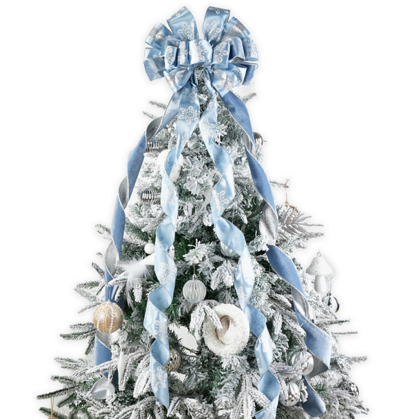 Dusty Blue and Silver Christmas Tree Topper Bows 13 x 53 Inch Large Christmas Bows with Streamer and Snowflake Patterns Decorative Bows for Xmas Tree Wreaths Door Staircase Home Decor