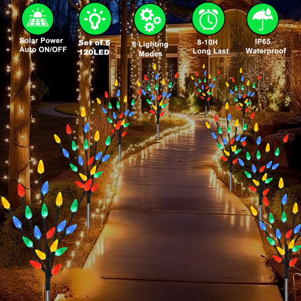 d 6 Packs 120 LED C6 Solar Christmas Lights, Outdoor Christmas Decorations Yard Lights, 8 Modes Waterproof Christmas Pathway Lights for Christmas Decorations Outdoor Yard Patio Cemetery Grave
