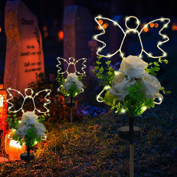 Lmtcos Solar Angel Lights for Cemetery Grave Decorations, Waterproof Angel with Rose Memorial Cemetery Lights, Solar Angel Grave Lights for Mother Day Father Day Memorial Day Christmas Grave Decor