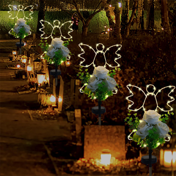 Lmtcos Solar Angel Lights for Cemetery Grave Decorations, Waterproof Angel with Rose Memorial Cemetery Lights, Solar Angel Grave Lights for Mother Day Father Day Memorial Day Christmas Grave Decor