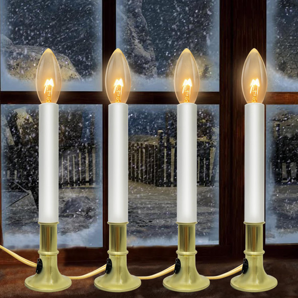 4 Pack Electric Window Candle Lamp with Gold Plated Base, Christmas Window Candles with On/Off Switch, C26 Light Bulb, E12 Base, Window Candles Plug in and Ready to Use for Holiday Wedding Party Decor