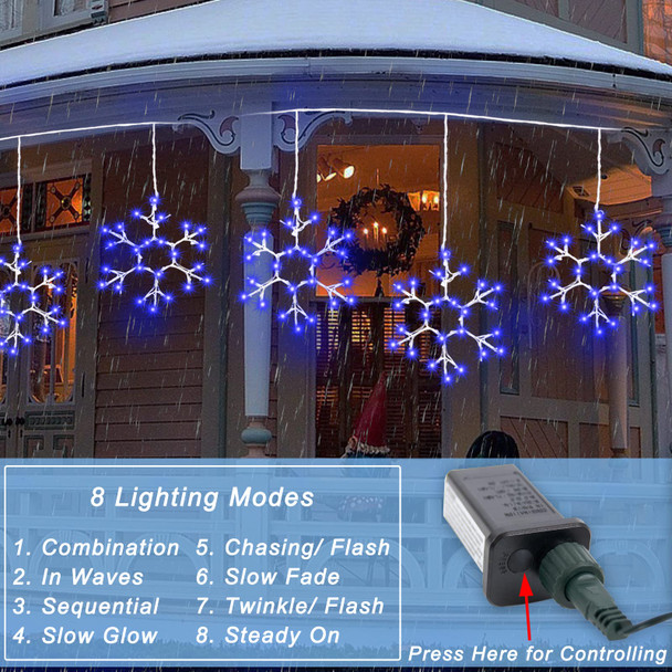 Christmas Snowflake Icicle Lights Outdoor, Blue Hanging 3 Pcs Large Snowflake Window Lights Waterproof Connectable LED Fairy String Lights for Indoor Home Roof Patio Tree Christmas Decoration
