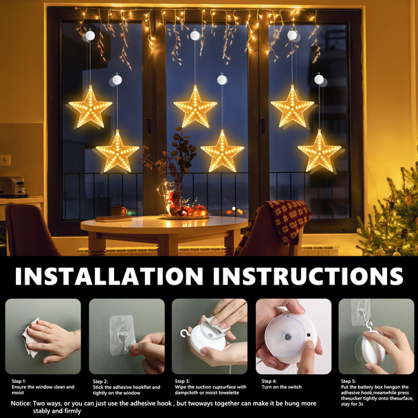 Lomotech Meteor Shower Star Window Lights with Suction Cup, Battery Operated 7.8 Inch Warm White Star Lights with Timer Function for Christmas Decorations (2 Pack)