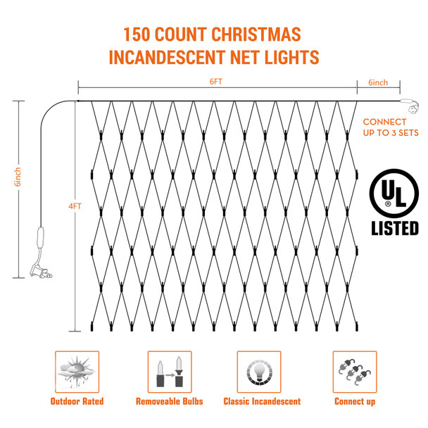 Lomotech Christmas Net Lights, 6ft x 4ft 150 Count Incandescent Mesh Lights, Connectable UL Waterproof Bushes Lights for Christmas, Trees, Shurb, Garden Outdoor Decorations (Warm White)