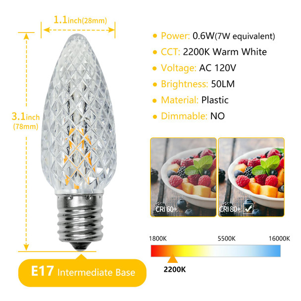 50pack C9 Christmas LED Light Bulbs, Strawberry Replacement Bulb 2200K Warm White Shatterproof & Waterproof Outdoor String Light Bulbs, E17 Candelabra Base Edison LED Bulbs for Decoration