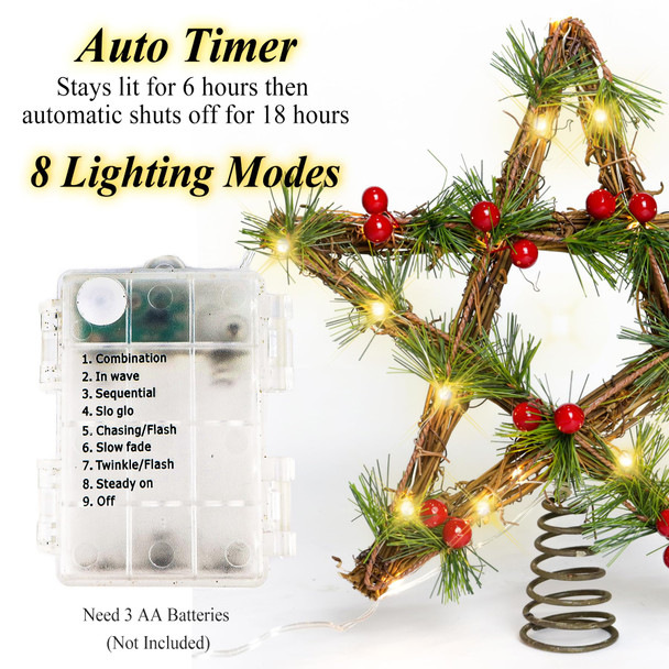 Christmas Tree Topper Lighted, 12" Star Tree Topper with Red Berry and Pine Needle, Battery Operated Christmas Tree Star Topper, Christmas Star Tree Topper with Timing Battery Case