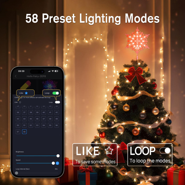 10” Smart Christmas Snowflake Tree Topper, 20 RGB LED Lights, 16 Mil. Colors Changing, Music Sync, Timer, Xmas Treetop Decorations