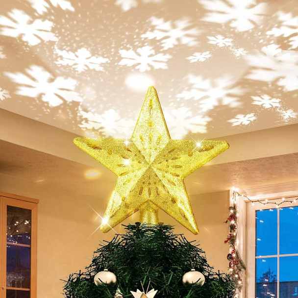Christmas Tree Topper Lighted Gold Star Tree Topper with LED Rotating Snowflake Projector, 3D Glitter Tree Star Topper for Christmas Tree Decorations Holiday Party Decor