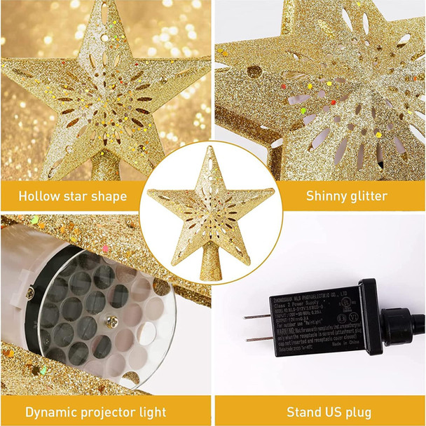 Christmas Tree Topper Lighted Gold Star Tree Topper with LED Rotating Snowflake Projector, 3D Glitter Tree Star Topper for Christmas Tree Decorations Holiday Party Decor