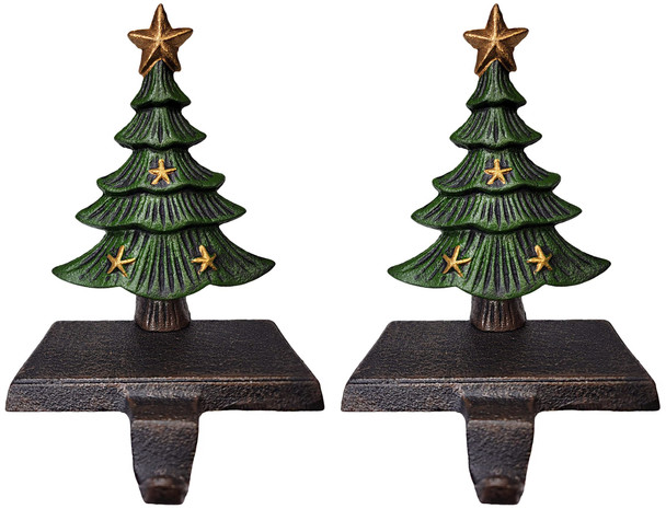 Lulu Decor, Cast Iron Decorative Christmas Tree Stocking Holder, Solid, Beautiful, Set of 2, Perfect for, Stocking Hanger (2 Trees with Stars).