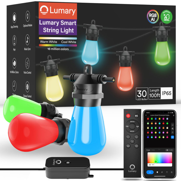 Lumary 100FT Smart Outdoor String Lights with APP/Remote/Voice Control, RGBAI Color Changing Patio Lights with Warm White 30+2 LED Bulbs, IP65 Waterproof Permanent Outdoor Lights Work with Alexa
