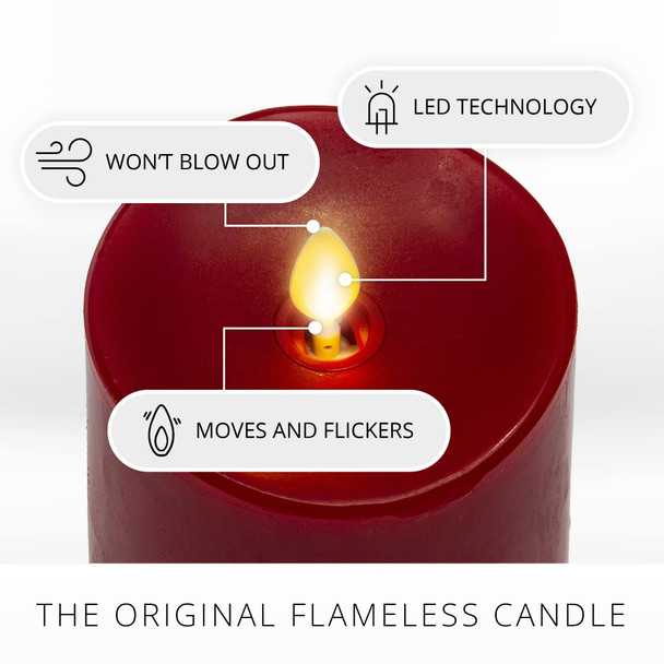 Luminara Realistic Artificial Moving Flame Pillar Candles - Set of 3 - Melted Top Edge, LED Battery Operated Lights - Unscented - Remote Included- 3" x 4.5", 3" x 5.5", 3" x 6.5" (Burgundy)