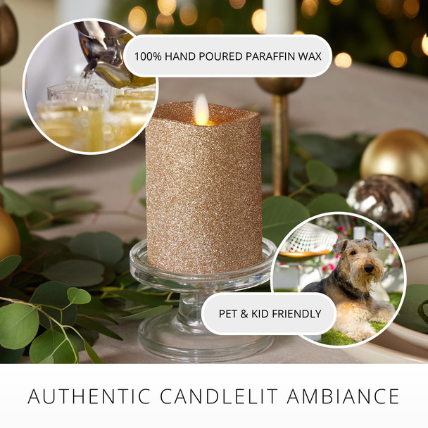 Luminara Realistic Artificial Flame Gold Metallic Glitter Candle (3 x 4-inch) Moving Flame LED Battery Operated Lights - Unscented - Remote Sold Separately