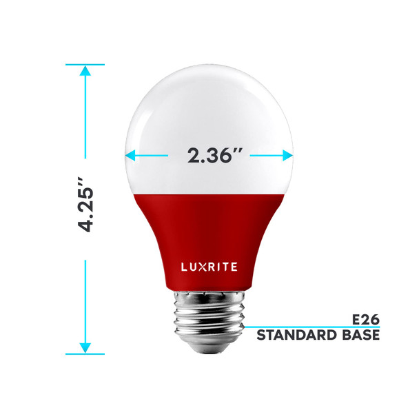 LUXRITE A19 LED Red Light Bulbs, 60W Equivalent, Non-Dimmable, UL Listed, E26 Standard Base, Indoor Outdoor, Porch, Christmas, Decoration, Party, Holiday, Event, Home Lighting (3 Pack)
