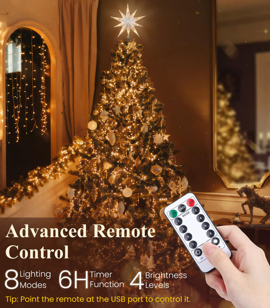 Luxspire Christmas Tree Topper, Lighted Star Tree Topper with USB Plug-in & Remote Control, 9.8" LED Metal Christmas Decorations Light, Xmas Tree Vintage Modern Ornament for Home Party, Silver