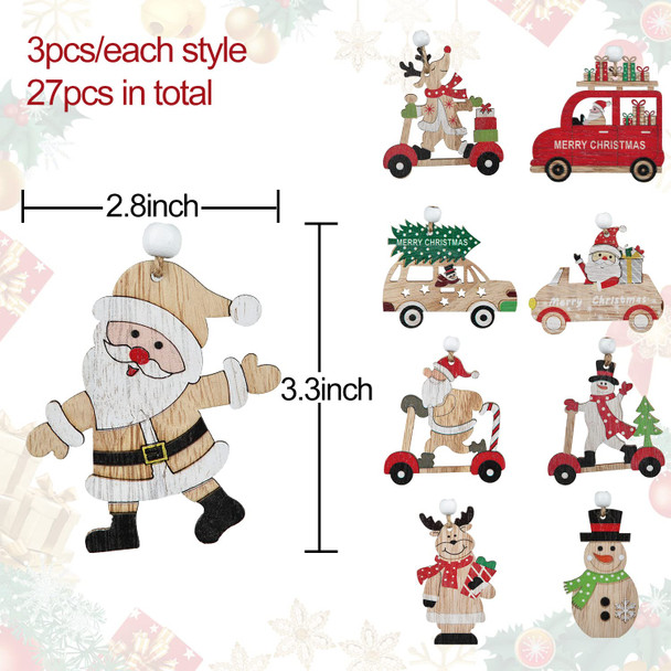 Lvydec 27pc Wooden Christmas Hanging Ornaments Clearance, Santa Snowman Reindeer and Car Ornaments with Colorful Painting for Christmas Tree Home Decoration