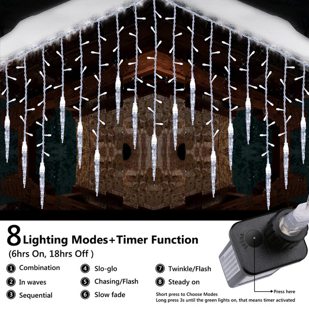 Christmas Icicle Lights, 432 LED 35.4ft 8 Modes Low Voltage Icicle String Lights with 72 Drops, Icicle Fairy Twinkle Lights for Xmas, Eaves, Wedding, Garden, Outdoor, Indoor Decor (Pure White)