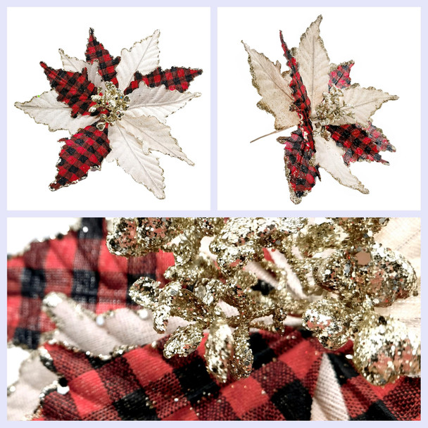 M2cbridge Large Christmas Poinsettia Glitter Foldable Christmas Flowers Floral Picks Stems for Christmas Tree Decorations Wedding Centerpiece (4pcs Buffalo Plaid)