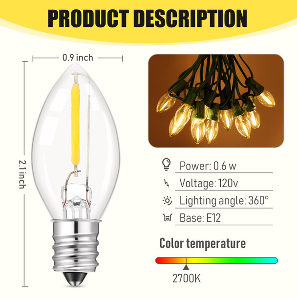 Macarrie 100 Pack C7 LED Night Light Bulb, E12 Chandelier Base, 0.6W Equivalent to 7W, Warm White 2700K, Night Light Bulbs Waterproof Replacement Bulbs for Christmas String Light (Clear)