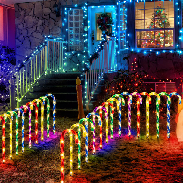 30 Pcs Christmas Candy Cane Lights 23'' Candy Cane Pathway Markers Lights with 8 Lighting Modes LED Christmas Outdoor Candy Light with Stake for Christmas Yard Decoration (Multicolor)