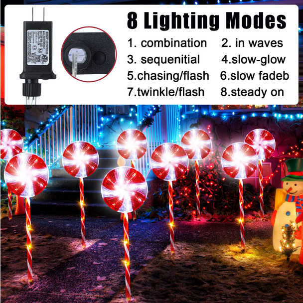 9 Pack Christmas Outdoor Decoration Lollipop Pathway Lights 28.7" Peppermint Candy Cane Walkway Lights 8 Modes Christmas Stake Light for Yard Path Garden Lawn Decor(White Red, White Light)