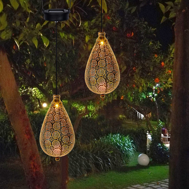 MAG 2 Pack Solar Hanging Lights, Solar Powered Decorative Retro Lantern with Handle, Warm White LED Christmas Garden Boho Flower Lights, Metal Drop Shape Waterproof Outdoor Yard Tree Fence Patio