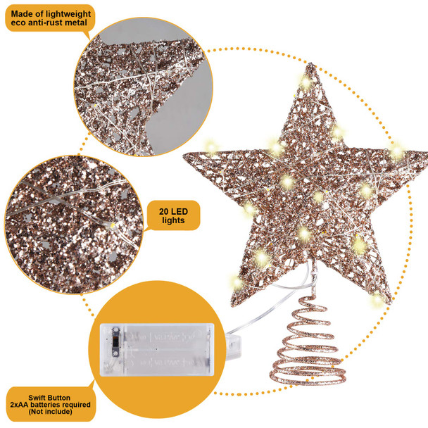 MAIAGO 10 Inches Christmas Tree Topper with 20 LED Lights, Rose Gold Glittered Metal Christmas Tree Decorations for Home Party Holiday Winter Xmas Decorations, Warm White