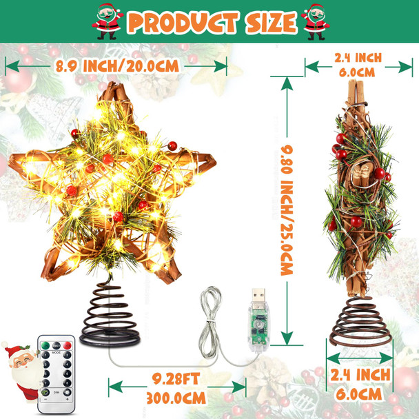 MAIAGO Christmas Star Tree Topper, 10 Inch 40 LED Rustic Vintage Rattan Natural Tree Topper with Remote Control, 8 Lighting Mode for Xmas/Holiday/Winter Party Home Decoration, USB Plug in/Wire 9.84Ft