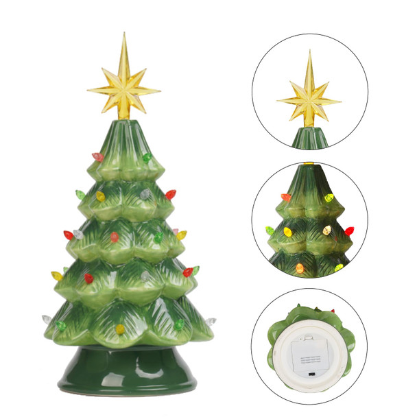 man House Studio Prelit Ceramic Christmas Tree Decorations - Artificial Christmas Tree with 33 Multicolor Lights 9.5H inches Merry Timer Function LED Light Up by Battery Tree Topper