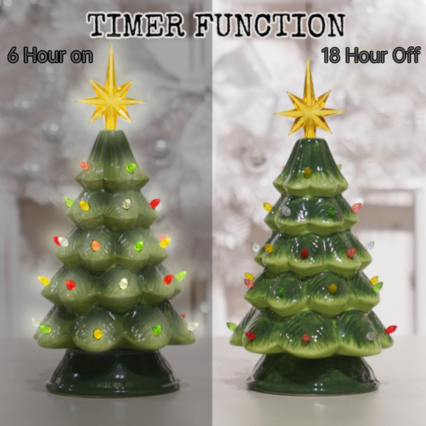 man House Studio Prelit Ceramic Christmas Tree Decorations - Artificial Christmas Tree with 33 Multicolor Lights 9.5H inches Merry Timer Function LED Light Up by Battery Tree Topper