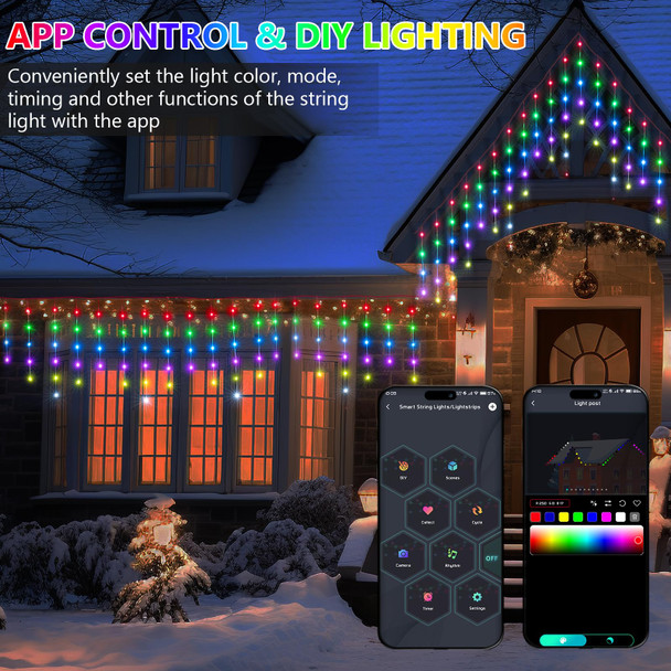 Smart Christmas Icicle Lights 44.5ft 420LED 80 Drops Waterproof Christmas Lights for Roof, App Control, Remote Control, RGB Color Changing, Timer, Music Sync, Outdoor Icicle Lights for Tree, Porch