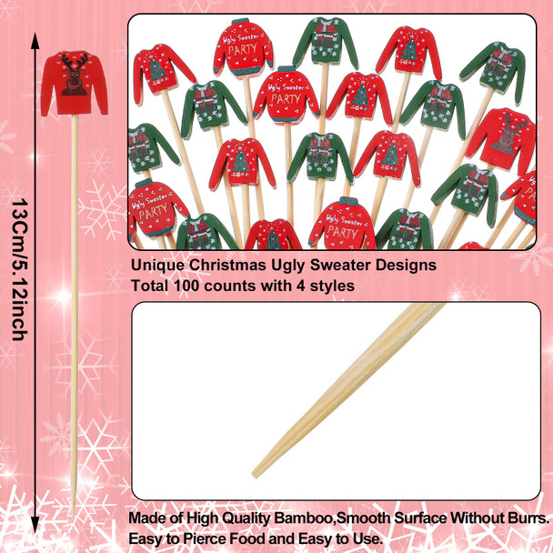 Christmas Cocktail Picks Ugly Sweater Cake Toppers Christmas Party Toothpicks Handmade Bamboo Toothpick Food Appetizers Picks for Xmas Holiday Drink Fruit Dessert Decoration (100 Pieces)