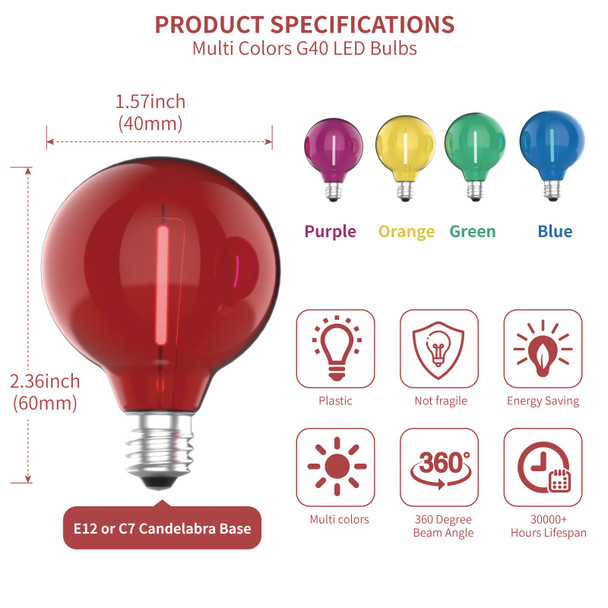 Meconard 25 Pack G40 Colored LED String Light Bulbs, E12/C7 Candelabra Base Shatterproof LED 1 Watt Globe Replacement Bulbs, Multi-Color: Red/Green/Blue/Orange/Purple