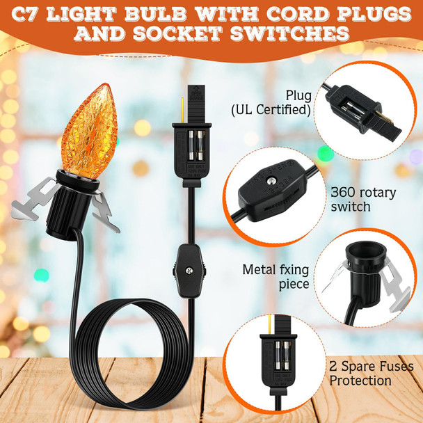 Meonum 2 Pcs C7 0.6w LED Lights Bulbs with Accessory Cord Bulb Socket, Christmas Blow Mold Light Replacemen Kit, Orange Strawberry Village Light for Xmas Tree Halloween Pumpkin Skeleton House Craft