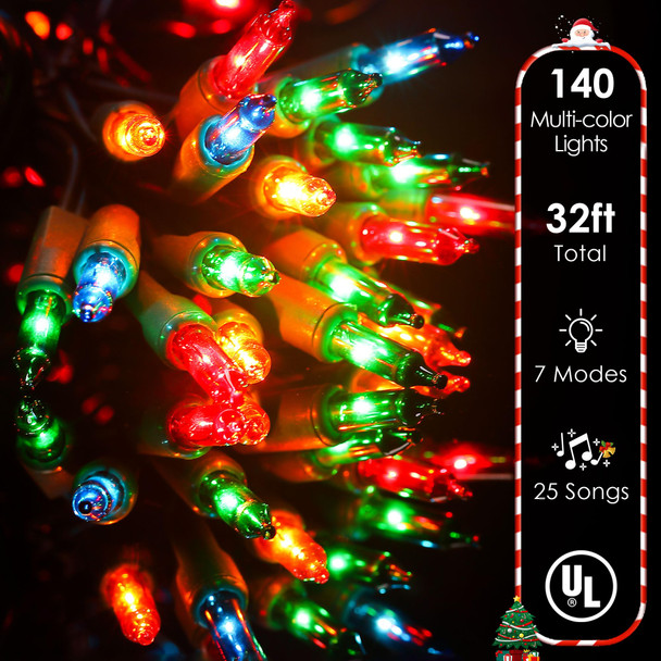 Meonum Christmas Lights with Music, Singing Christmas Lights Plays 25 Classical Holiday Songs, 7 Function Mode, Adjustable Volume and Mute, Musical Christmas Tree Lights(Multi Color,32 FT)