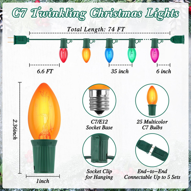 Meonum 74ft 25 Pcs Random Blinking Bulbs, C7 Christmas Lights String, 12 of 25 Lights Twinkle, Outdoor Roofline String Lights Extendable for Around Houses Fences Tree Bushes Decoration(Multicolor)