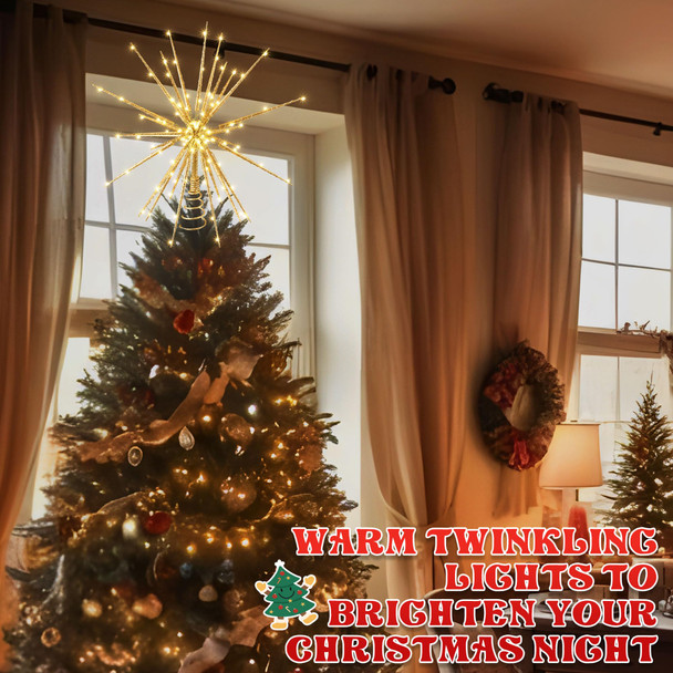 Meonum 16in Christmas Tree Topper with LED Light, 25 of 100 Lights Twinkle, Christmas Tree Star Topper for Christmas Tree Decor, Universal Size for Any Tree, Lightweight & Easy to Install(Golden)