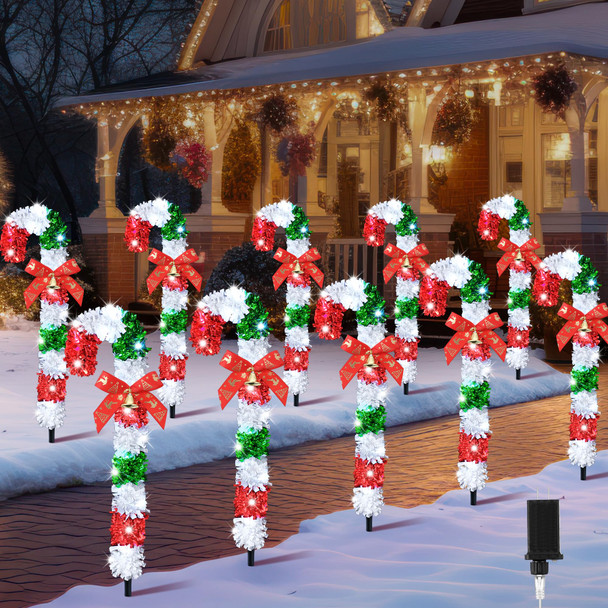 Meonum 10 Pack Christmas Candy Cane Outdoor Pathway Lights with 8 Mode and Timer, 20 LEDs 16.5in Candy Cane Stakes Lights with Bows, Candy Cane Outdoor Decorations for Walkway(Red, Green, White)
