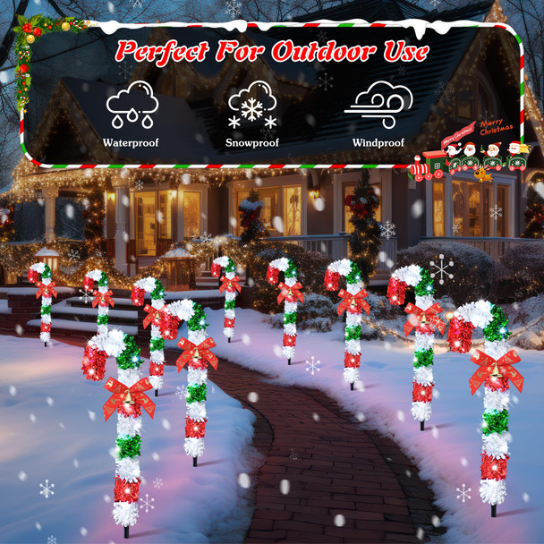 Meonum 10 Pack Christmas Candy Cane Outdoor Pathway Lights with 8 Mode and Timer, 20 LEDs 16.5in Candy Cane Stakes Lights with Bows, Candy Cane Outdoor Decorations for Walkway(Red, Green, White)