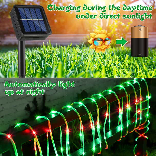 Meonum Solar Christmas Rope Lights Outdoor, 33 ft 100 LED 8 Modes Solar String Lights, Solar Powered Waterproof Tube Lights for Christmas Tree Garden Fence Yard Party Outdoor (Red, Green,2 Pack)
