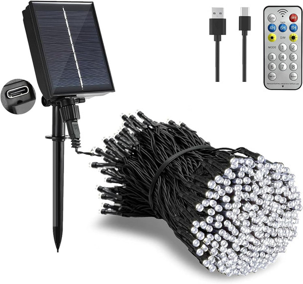 Solar Christmas Lights Outdoor - 65Ft/20m 200 LED Solar Powered String Lights, USB Charging, Remote, 8 Modes Waterproof Lights for Garden, Yard, Tree Decor - Cool White