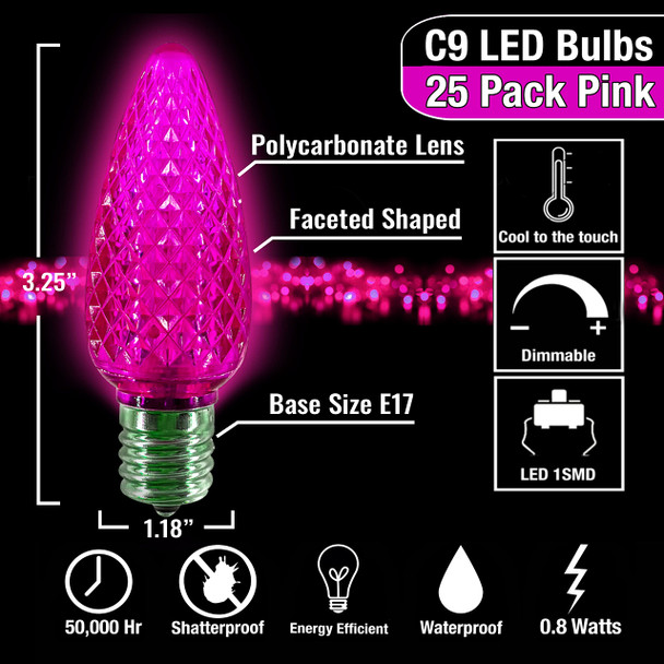 C9 LED Bulb (Pack of 25) LED Pink Replacement Christmas Light Bulbs Faceted Retrofit Candle Shape Commercial Grade E17 Socket Roof Lights Bulbs