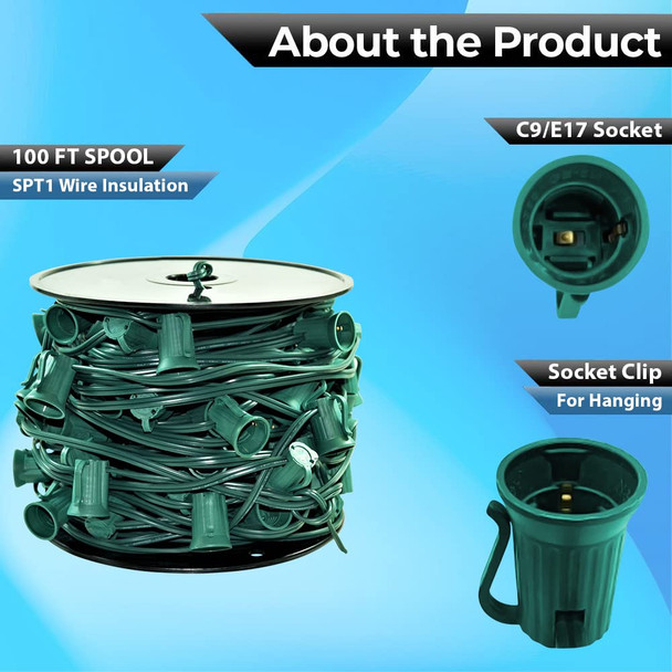 100 Feet C9 Christmas Spool Green Wire with Socket Stringer Bulk Reel, 12" Spacing, Intermediate Base (C9/E17), SPT-1 (100, 100Ft)
