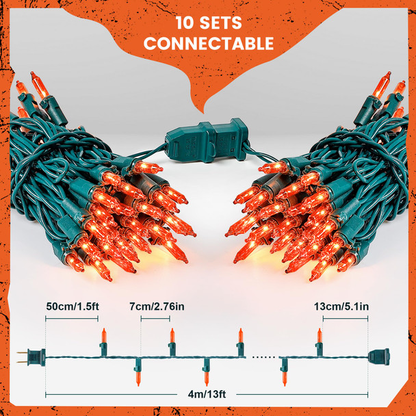 Orange Halloween Tree Lights with Green Wire,13ft 50 Incandescent Bulb Waterproof Fairy Lights，Plug in Mini String Lights for Christmas, Patio, Holiday, Party, Home, Indoor Outdoor Decor