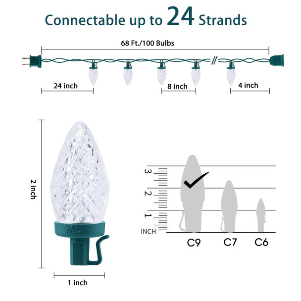C9 LED Christmas Lights Outdoor, 66 Feet 100 LED Strawberry String Lights with 100 Spring Clamps, Waterproof Commercial Grade Extendable for Outside Roofline Patio Home Xmas Decoration, Pure White