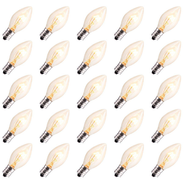 25 Pack Replacement Light Bulbs for C7 E12 Base Christmas String Lights, Classic Christmas Bulbs for Holiday Season Stranger Things Party Indoor Outdoor Garage Garden Backyard Cafe Decoration, Clear