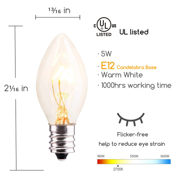 25 Pack Replacement Light Bulbs for C7 E12 Base Christmas String Lights, Classic Christmas Bulbs for Holiday Season Stranger Things Party Indoor Outdoor Garage Garden Backyard Cafe Decoration, Clear