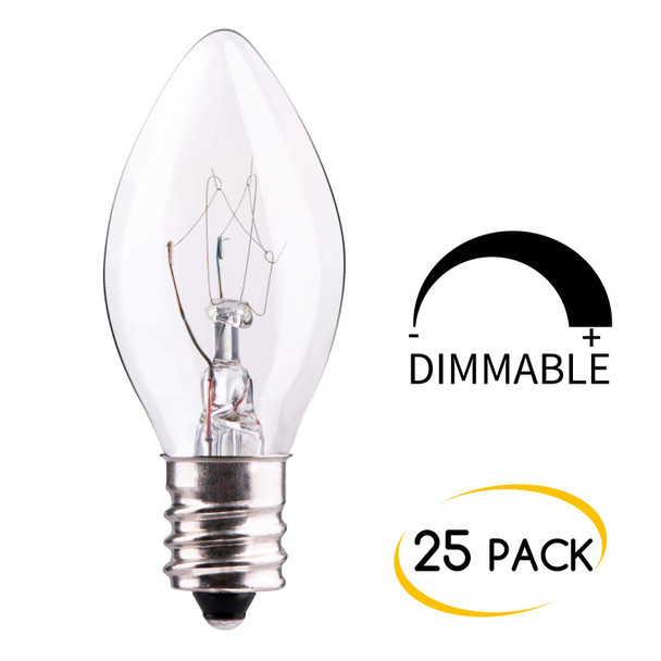 25 Pack Replacement Light Bulbs for C7 E12 Base Christmas String Lights, Classic Christmas Bulbs for Holiday Season Stranger Things Party Indoor Outdoor Garage Garden Backyard Cafe Decoration, Clear