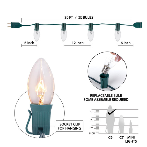 C9 Clear Christmas String Lights, Outdoor Christmas Lights String, Hanging Christmas Roofline Lights, Patio Lights for Outdoor Decor, Green Wire, 25 Feet