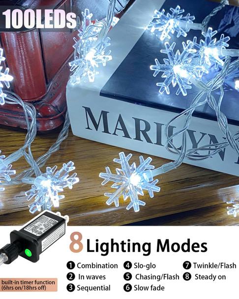 100 LED Snowflake Christmas Lights, 32ft Waterproof String Lights, 8 Modes Plug-in Fairy Lights for Indoor/Outdoor Xmas Decorations, Christmas Tree, Year (White)